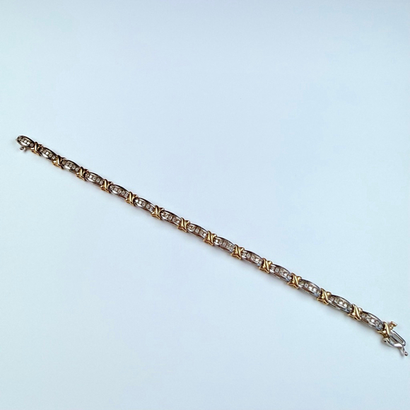 Estate 10K Solid Two Tone Gold 1.4 CT Natural Diamond X Bypass Tennis Bracelet - Picture 5 of 12